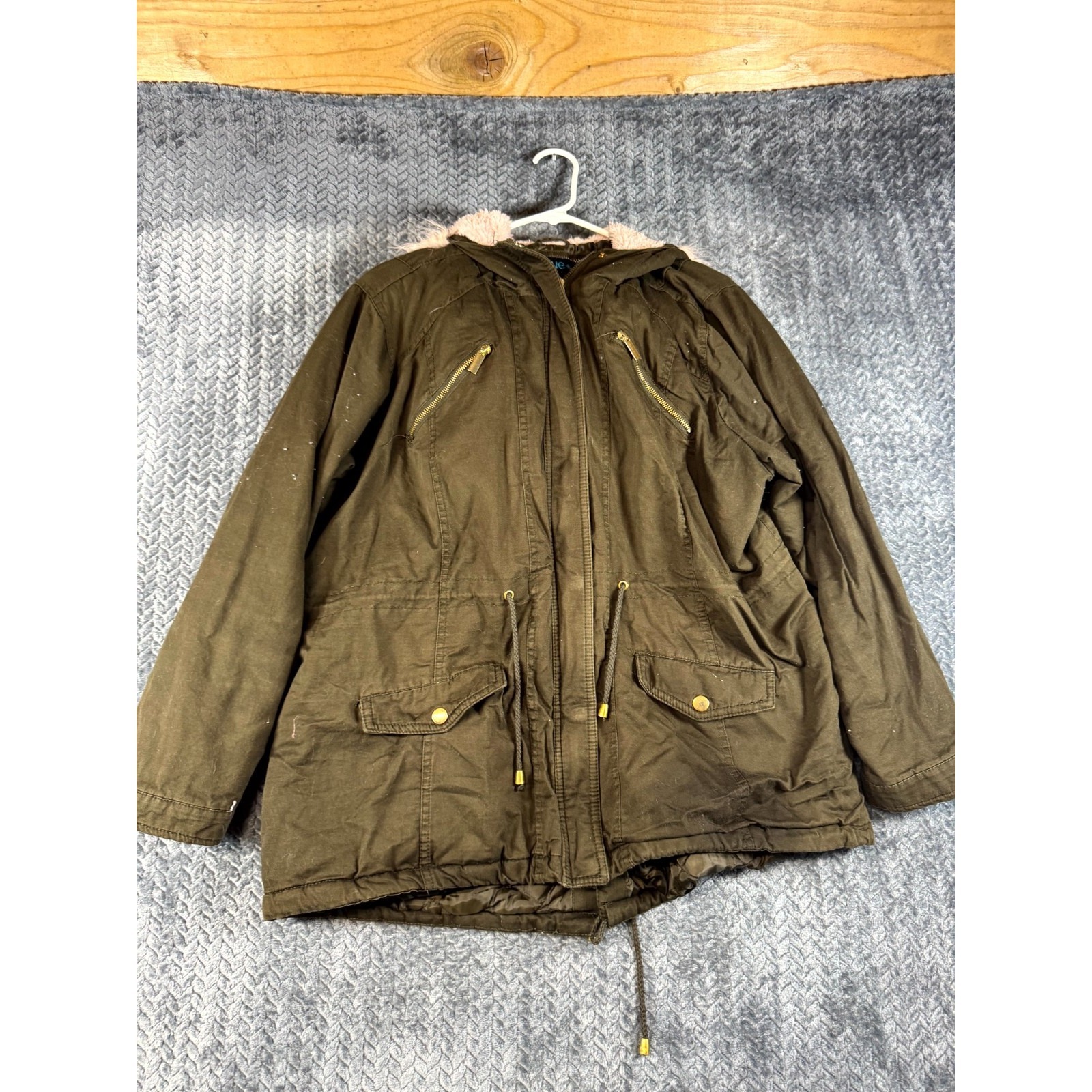 Rue21 Parka Jacket Womens 2x Green Cotton Tie Waist Outdoor Hooded Full Zip